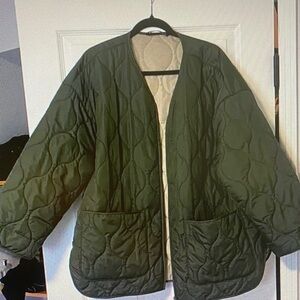 Zara Olive Green Quilted Open-Front Puffer Jacket